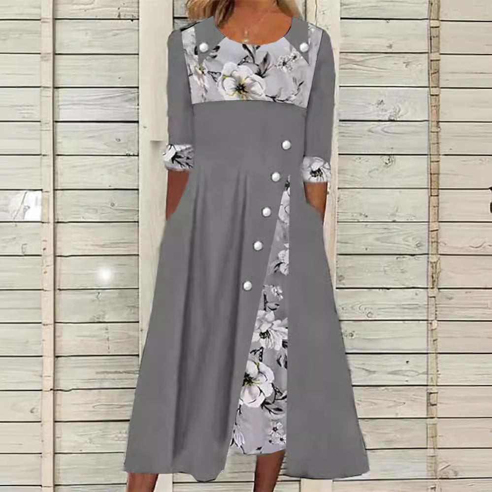 Damen Midi-Kleid mit floralem Kragen und durchgehenden Knopfdetails Drune