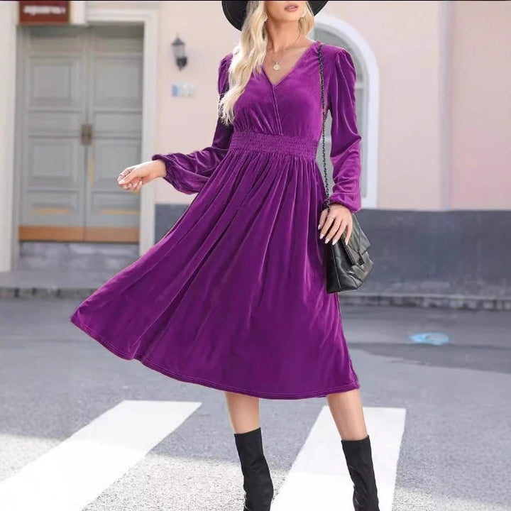 Damen Midikleid aus Samt mit V-Ausschnitt, geraffter Smock-Taille und langen Ballonärmeln Drune