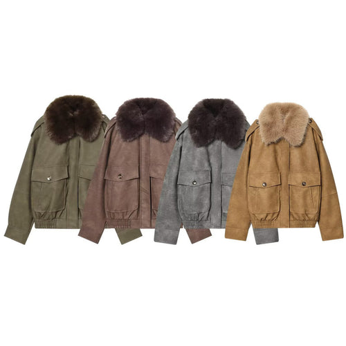 Damen Kurze Bomberjacke im Veloursleder‑Look mit voluminösem Fellkragen, Pattentaschen und elastischem Saum Drune