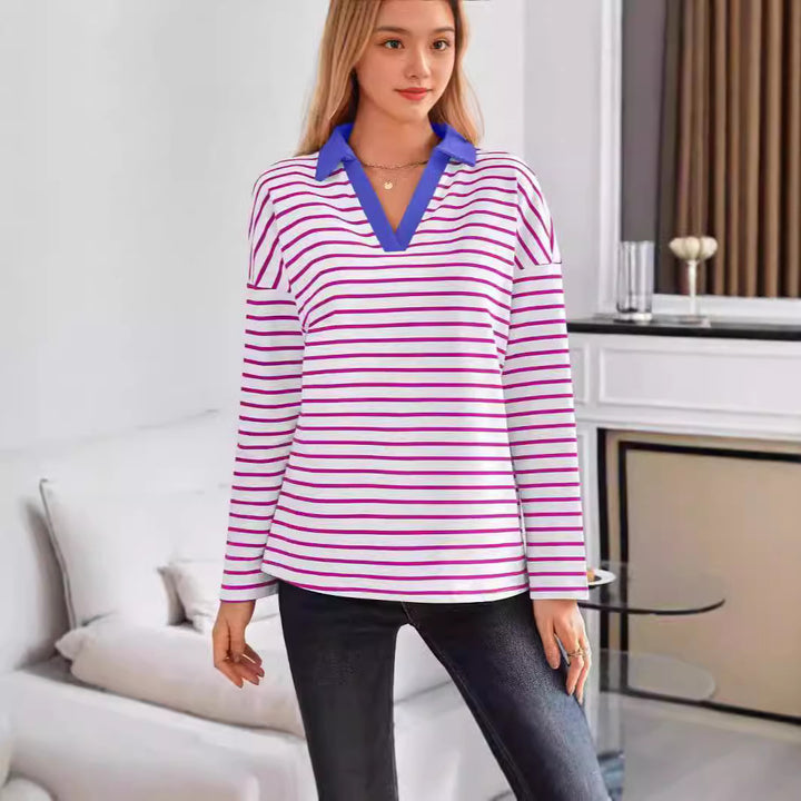 Damen gestreiftes Polo-Shirt mit V-Ausschnitt und kontrastierendem Kragen Drune