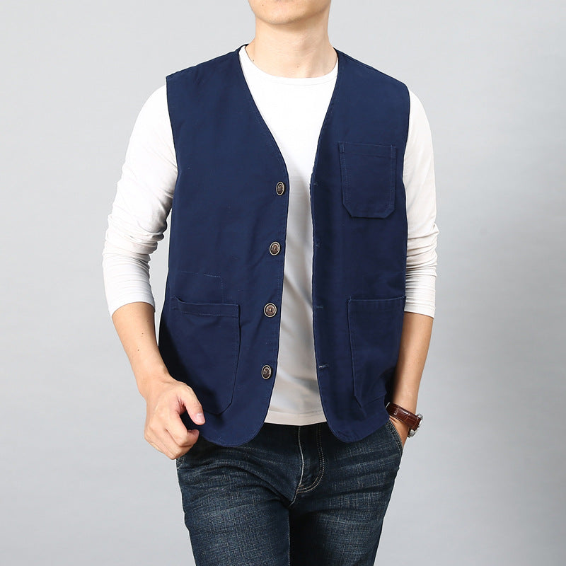 Unisex Canvas-Utility-Weste mit gestreiftem Innenfutter, aufgesetzten Taschen und Knopfverschluss Drune