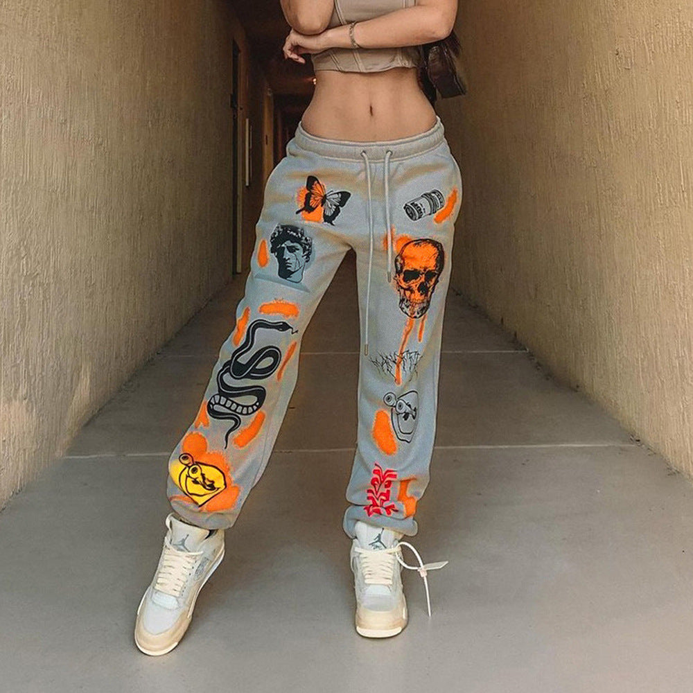 Damen Baggy Jogginghose mit kreativen Grafikdetails Drune