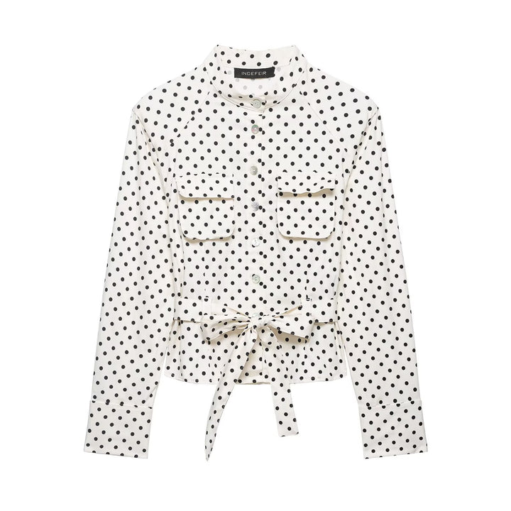 Damen Taillierte Blusenjacke mit Stehkragen, Bindegürtel und Punkteprint Drune
