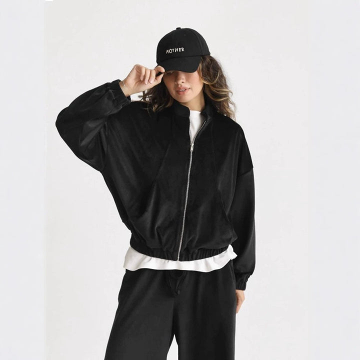 Damen ausgestelltes Velours-Jogginganzug-Set mit kurzer Reißverschlussjacke und hochtaillierter Kordelhose Drune