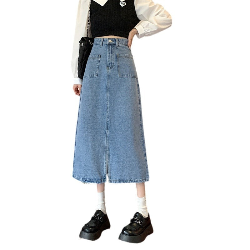 Damen Langer Denim-Rock mit praktischen Taschen Drune