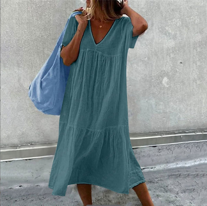 Damen Maxikleid mit modernem V-Ausschnitt und femininer Lockere Passform Drune
