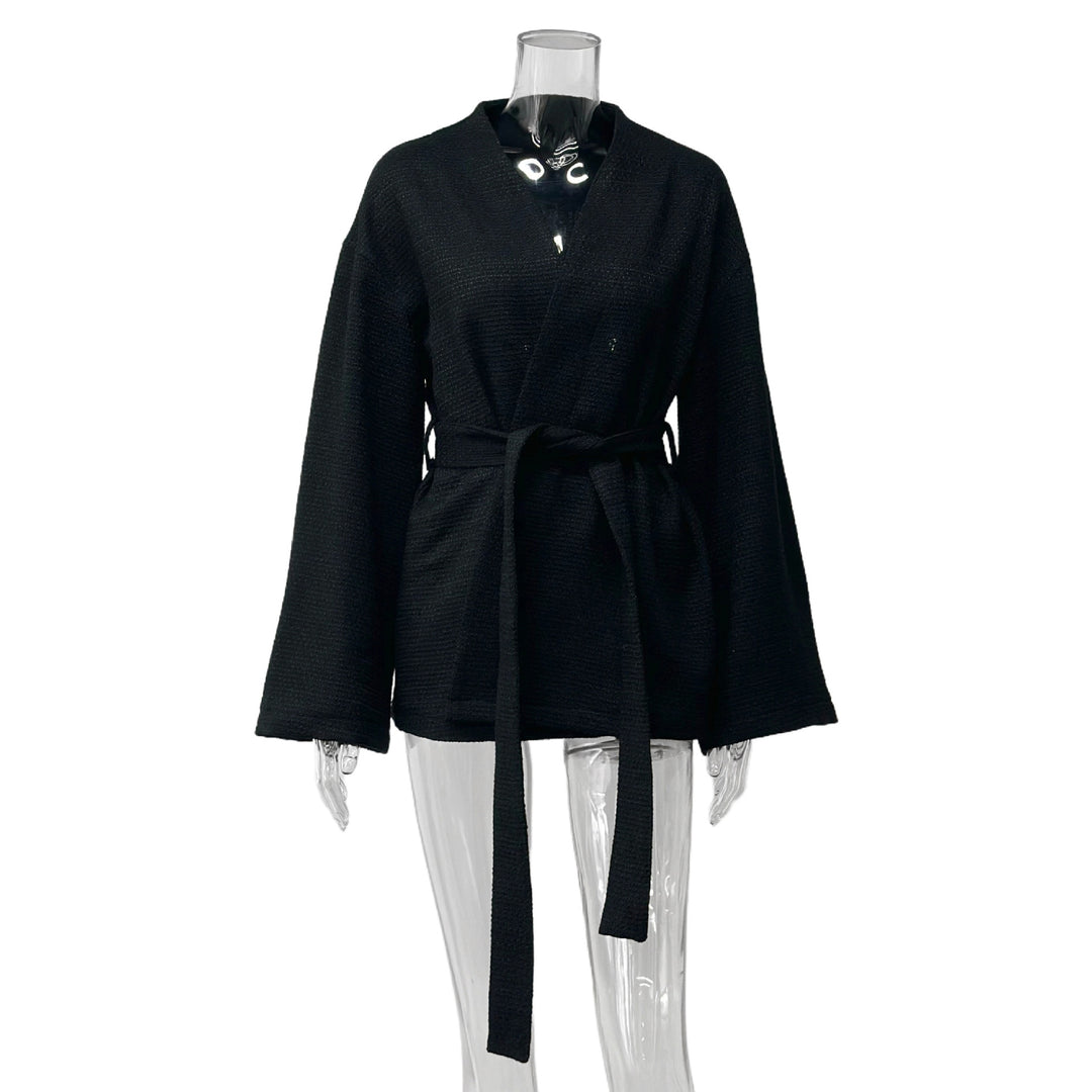 Damen lässige Waffelstoffjacke mit Taillengürtel Drune
