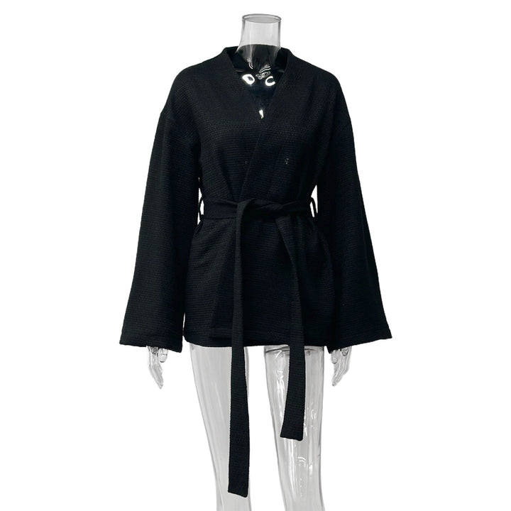 Damen lässige Waffelstoffjacke mit Taillengürtel Drune