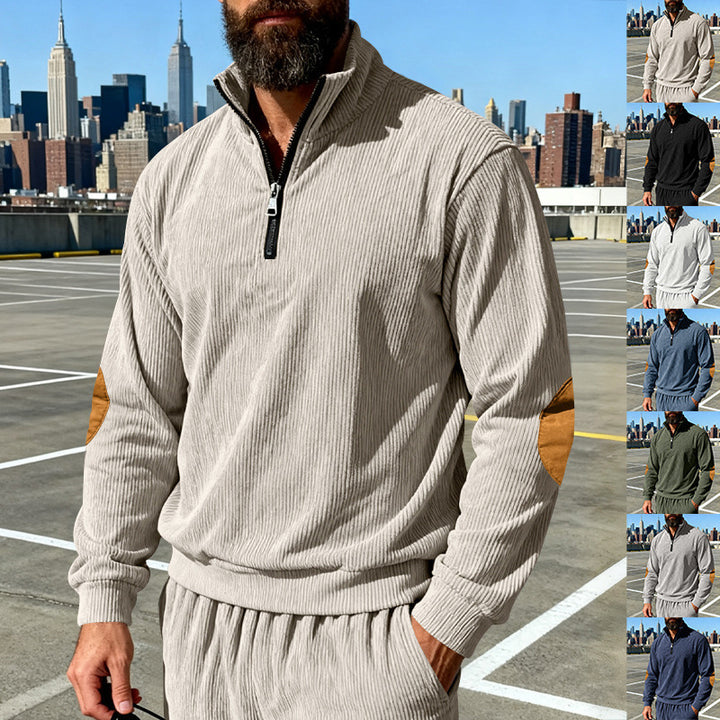Herren Cord-Struktur-Halbzip-Pullover im Relaxed-Fit mit Stehkragen und Ellbogen-Patch Drune