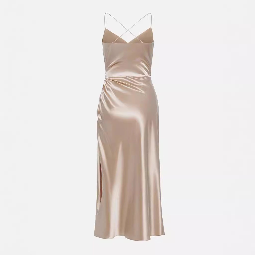 Damen Luxuriöses Satin-Cocktailkleid mit Drapierung und seitlichem Schlitz Drune