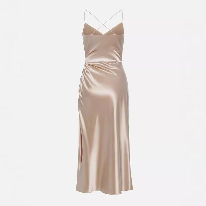Damen Luxuriöses Satin-Cocktailkleid mit Drapierung und seitlichem Schlitz Drune
