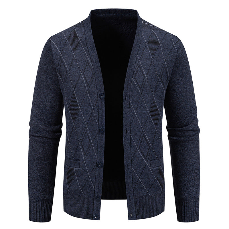 Herren Feinstrick-Cardigan mit Rautenmuster, Knopfleiste und Eingrifftaschen Drune