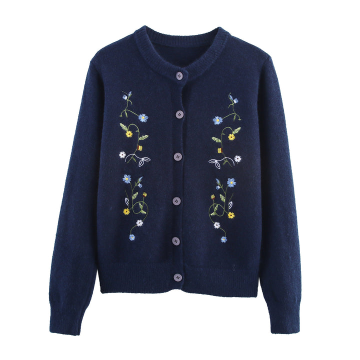 Damen Strickjacke mit floralem Stickdesign und dekorativen Knöpfen Drune