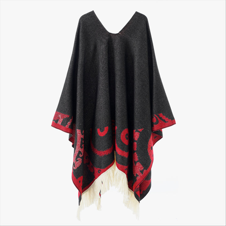 Damen Wollmix-Medallionponcho mit V-Ausschnitt und Fransensaum Drune