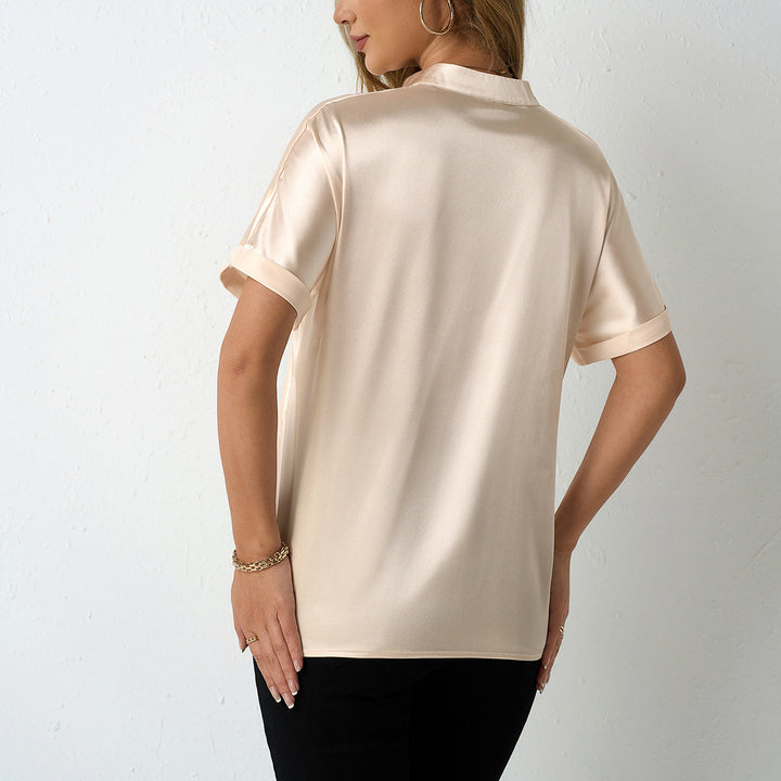 Damen elegante Satinbluse mit klassischem Kragen und umgeschlagenen Ärmeln Drune