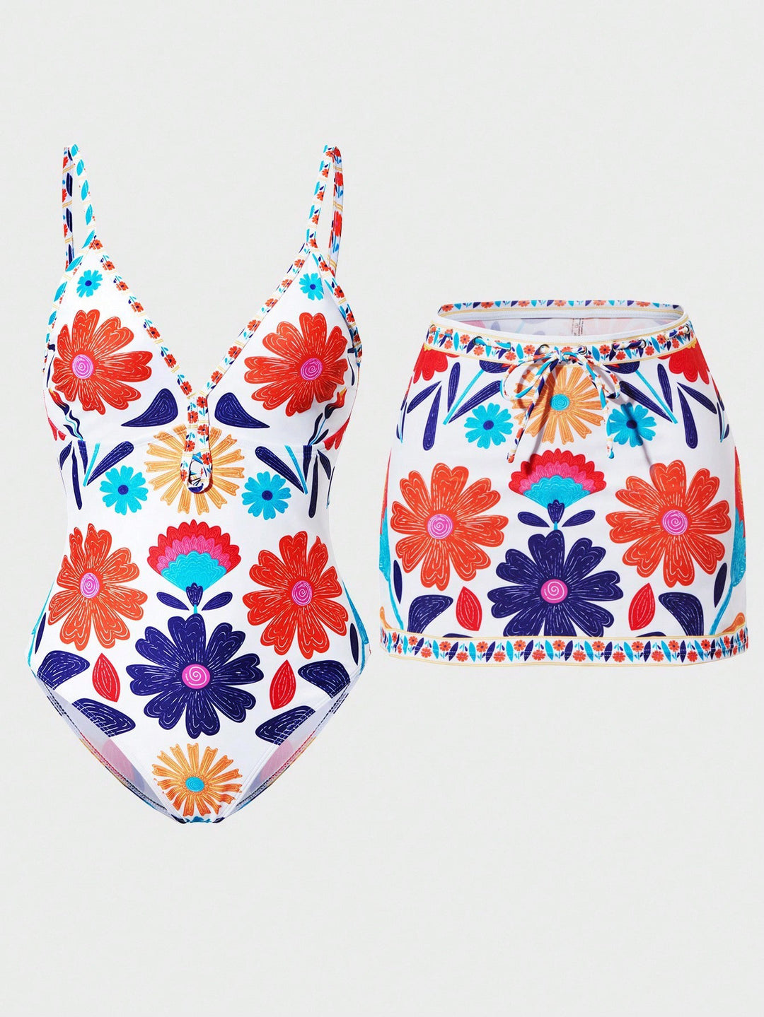 Damen Bikini-Set mit floralem Design und passendem Rock Drune