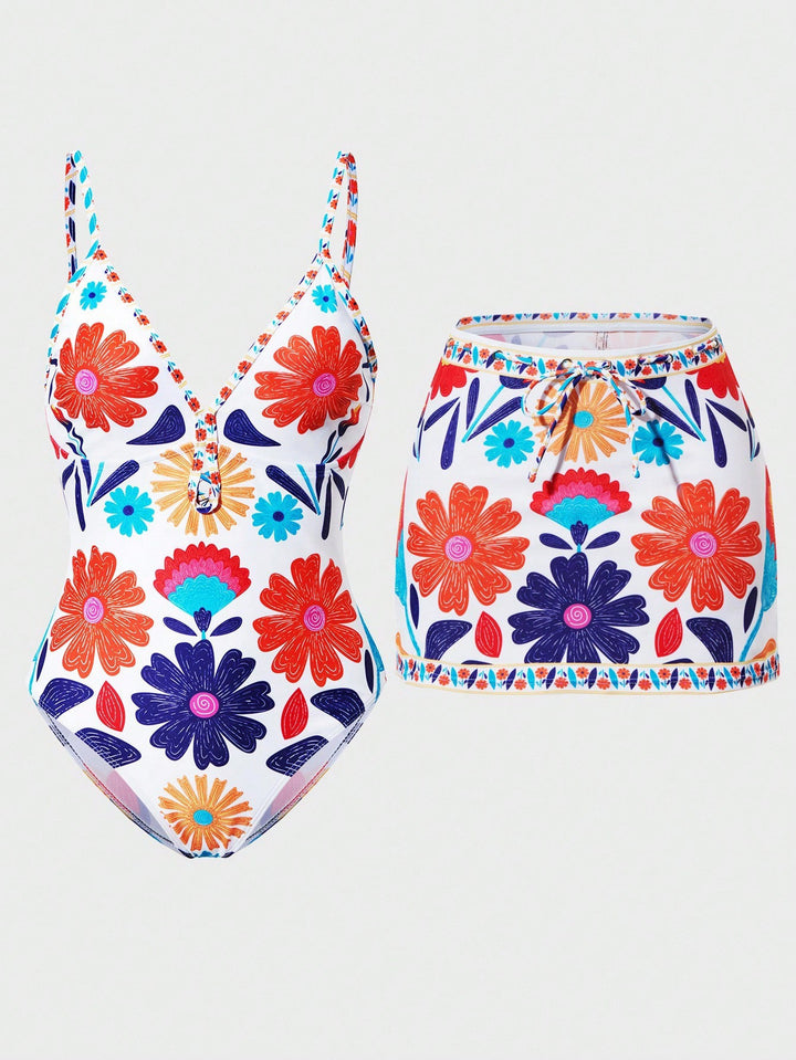 Damen Bikini-Set mit floralem Design und passendem Rock Drune