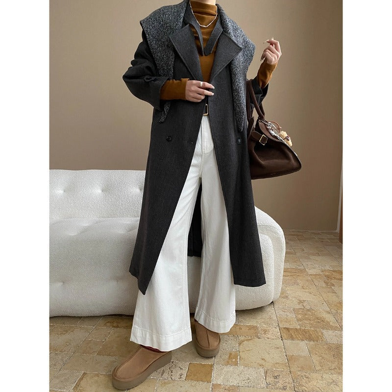 Damen eleganter langer Mantel mit abnehmbarem Kragen und Taschen Drune