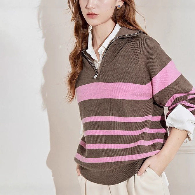 Damen gemütlicher Strickpullover mit modischem Halbzipverschluss Drune