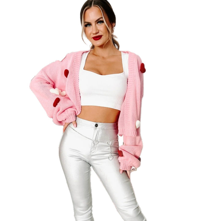 Damen Kurzer Oversize-Cardigan mit 3D-Herzapplikationen und weiten Ballonärmeln Drune