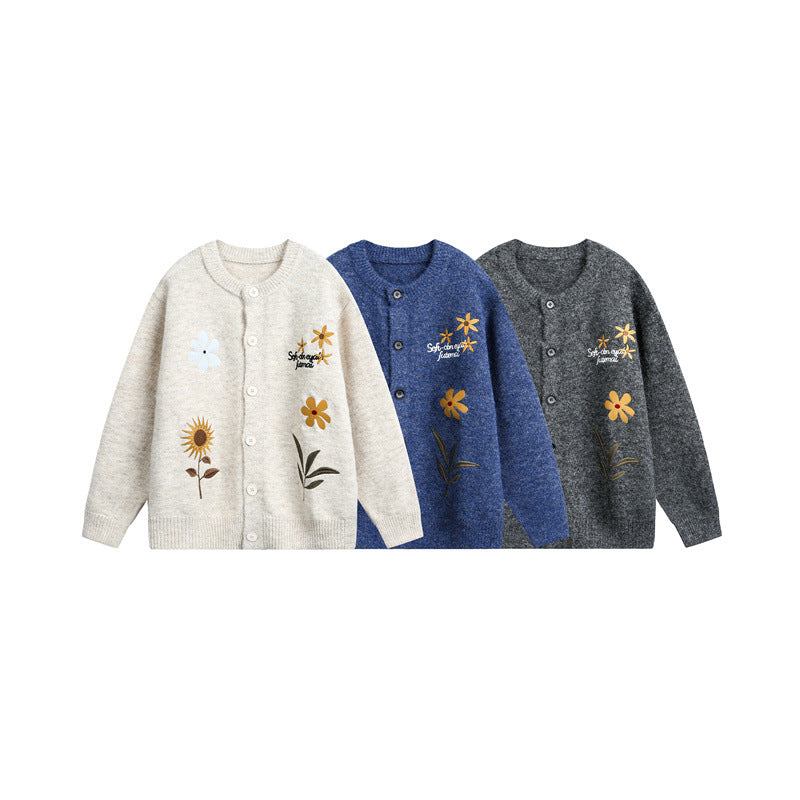 Damen Strick-Cardigan mit Blumenstickerei, Rundhalsausschnitt und Knopfleiste Drune