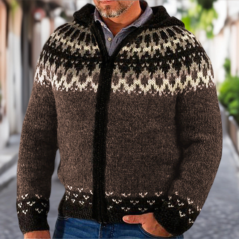 Herren Strickjacke mit traditionellem Norweger-Muster und Kapuze Drune