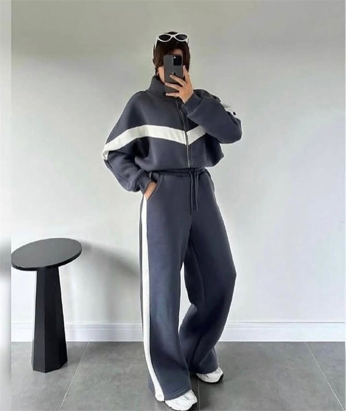 Damen modisches Fleece-Set mit hochschließendem Reißverschluss und weitem Bein Drune
