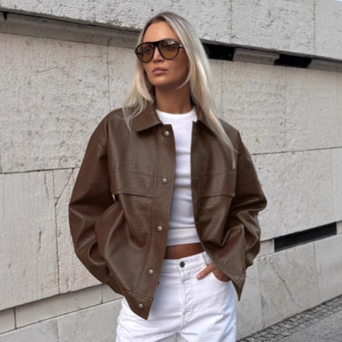 Damen Modische Kunstlederjacke im lässigen Oversized-Schnitt Drune