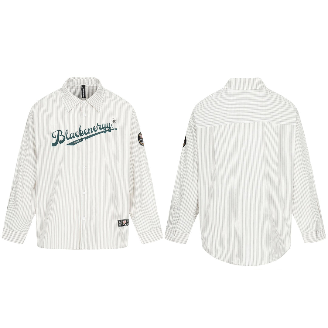 Herren Oversize-Hemdjacke im Baseball‑Inspired Stil mit Streifen, Logoprint und Abzeichenapplikationen Drune