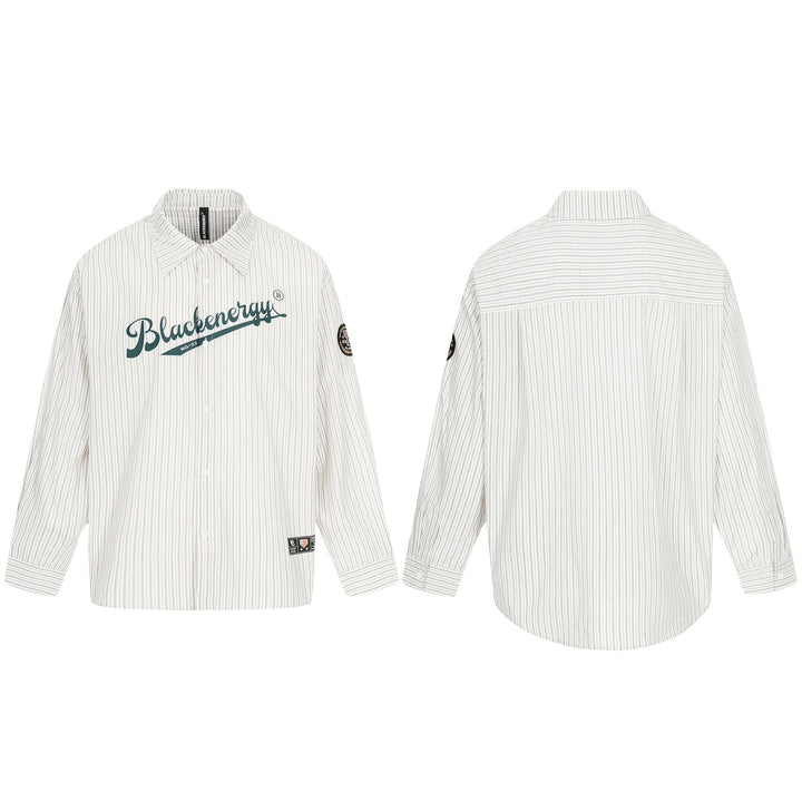 Herren Oversize-Hemdjacke im Baseball‑Inspired Stil mit Streifen, Logoprint und Abzeichenapplikationen Drune