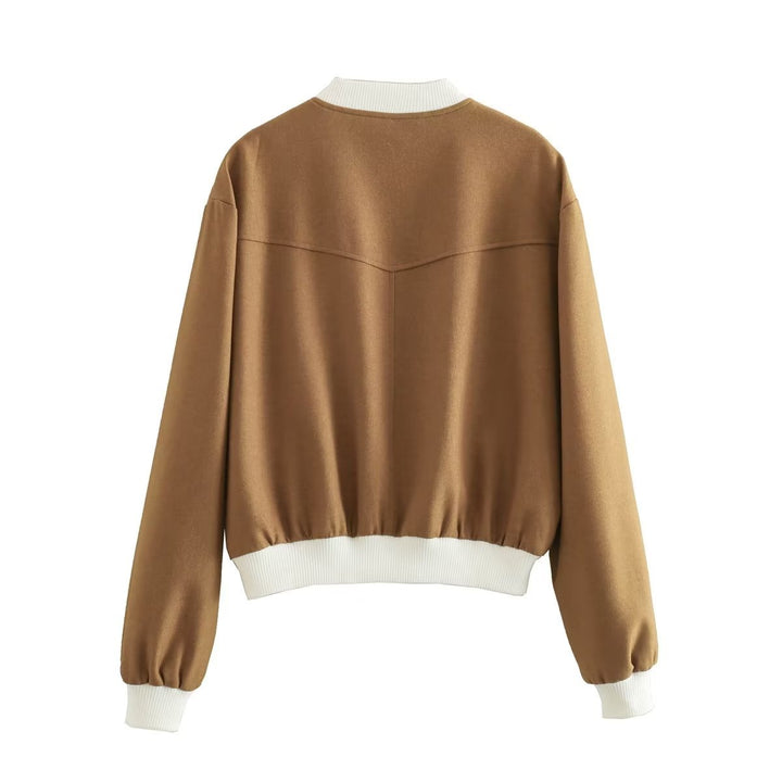 Damen nan cropped College-Bomber mit kontrastbündchen, verdeckter Druckknopfleiste und Leistentaschen Drune