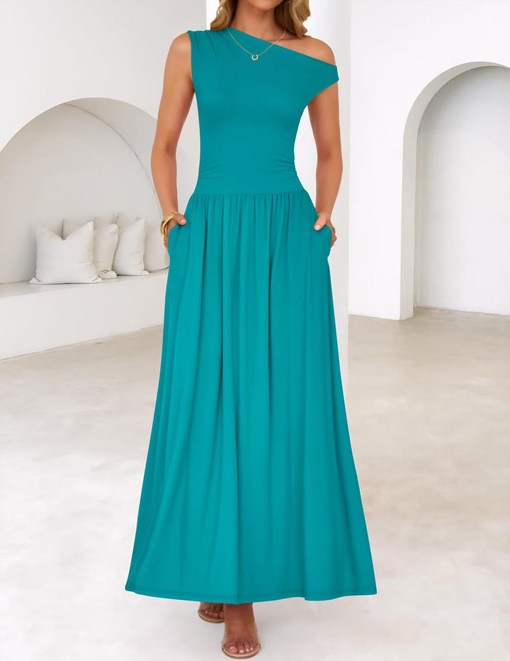 Damen Asymmetrisches Maxikleid mit One-Shoulder, Taillenbetonung und Seitentaschen Drune