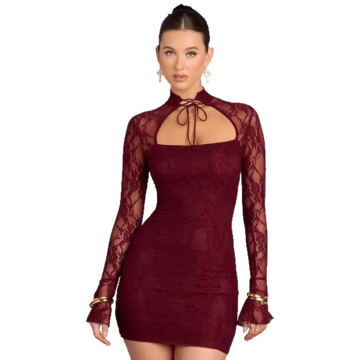 Damen Spitzen Minikleid mit hohem Kragen und schmalen Ärmeln Drune