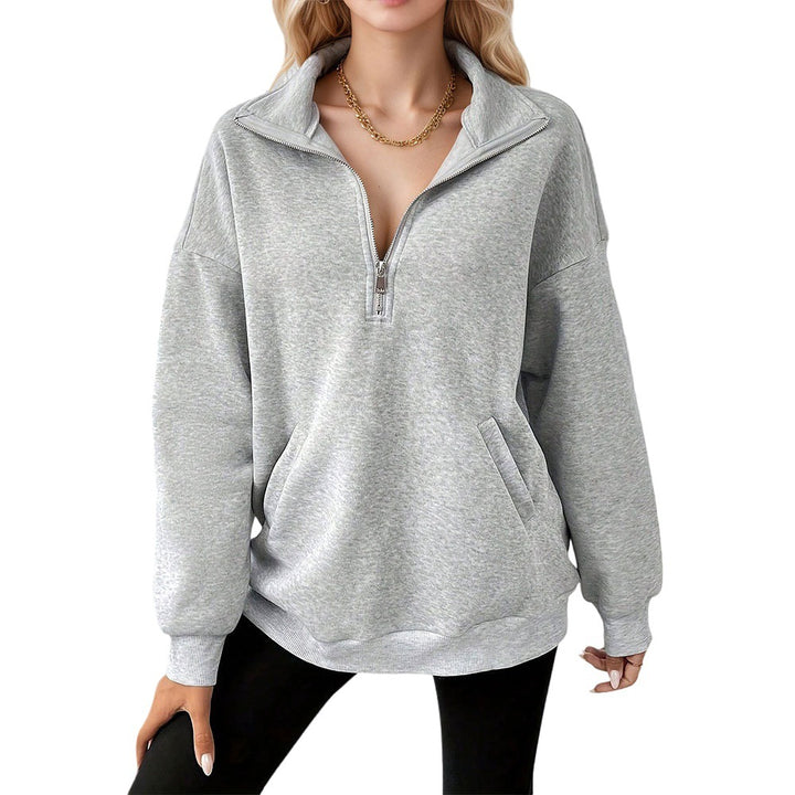 Damen lässiges Oversized-Halbzip-Sweatshirt mit hohem Kragen und Kängurutaschen Drune