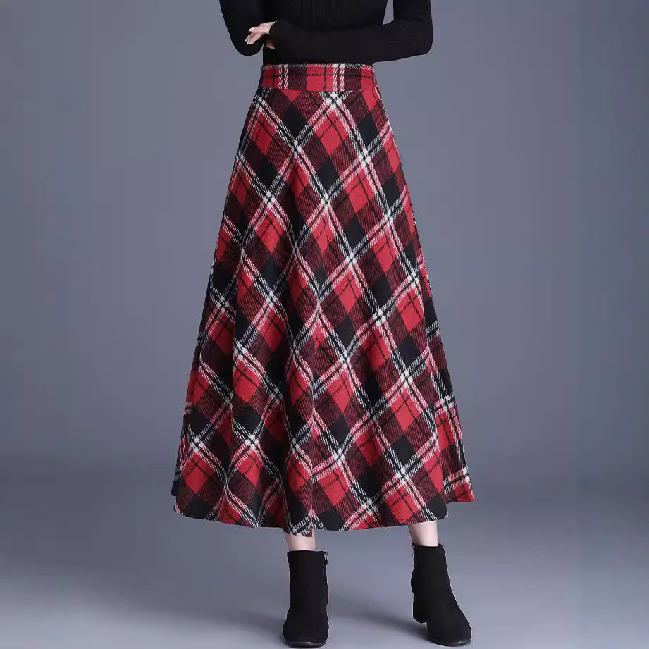 Damen nan weiter karierter Tellerrock aus Wollmix mit hoher Taille und Eingrifftaschen Drune