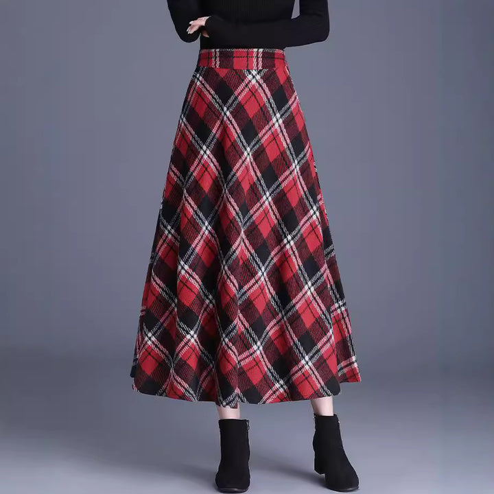 Damen nan weiter karierter Tellerrock aus Wollmix mit hoher Taille und Eingrifftaschen Drune