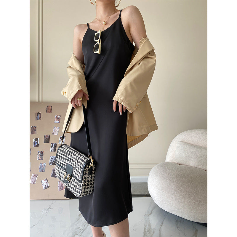 Damen elegantes Maxikleid mit dünnen Spaghettiträgern und fließendem Schnitt Drune