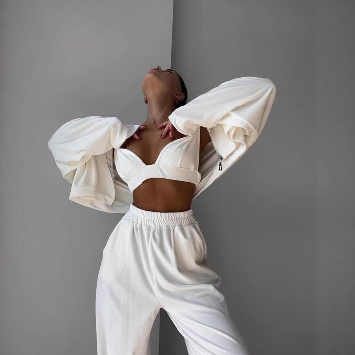 Damen kurzes Samt-Cropped-Zipshirt mit weitem High‑Waist Palazzo‑Hose Zweiteiler Drune