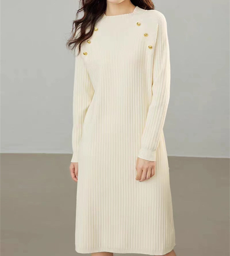 Damen Strickkleid mit dekorativen Knopfdetails und feiner Rippstruktur Drune
