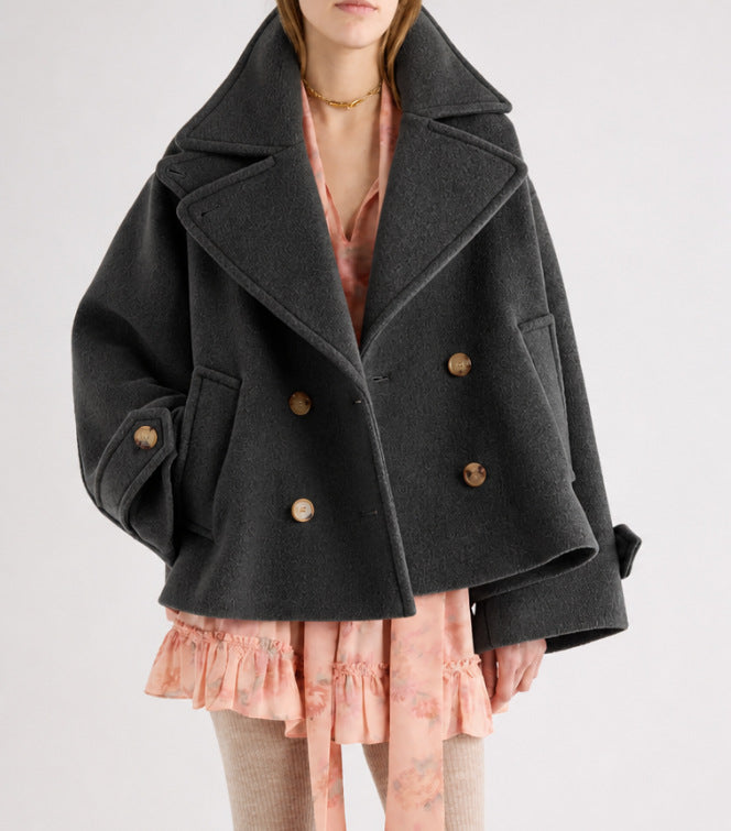 Damen Kurz geschnittener Oversize Peacoat aus Wollmix mit breitem Revers Drune