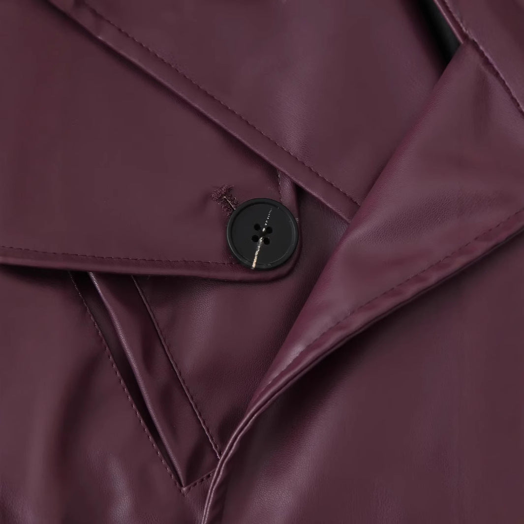Damen nan kurz geschnittene Cropped Trench-Bikerjacke aus veganem Lackleder mit Taillengürtel und verstellbaren Manschetten Drune