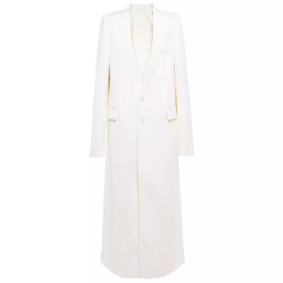 Damen Maxilanger schlanker Mantelblazer mit verdeckter Knopfleiste und schmaler Schulterlinie Drune