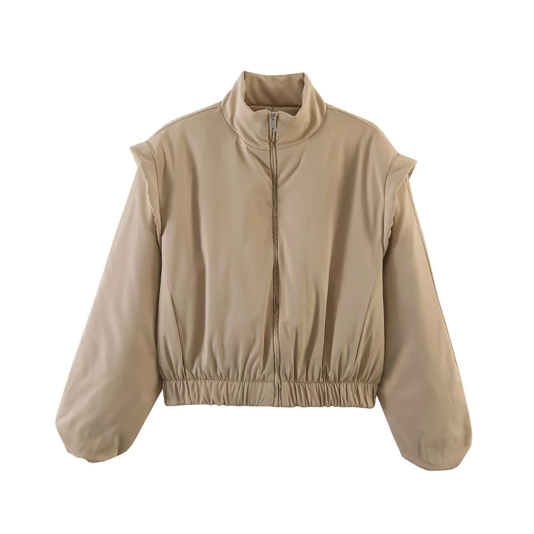 Damen nan cropped wattierte Jacke mit Stehkragen, voluminösen Ballonärmeln und taillierendem Elastikbund Drune
