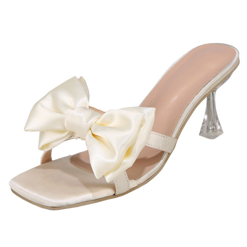 Damen High Heel Pantoletten mit eleganter Schleifen-Applikation und glitzerndem Absatz Drune