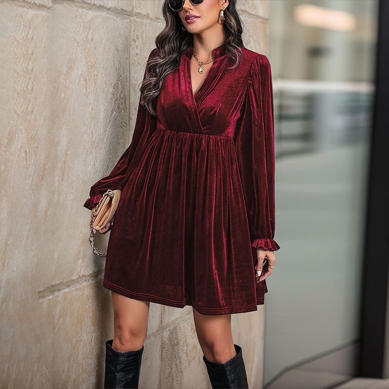 Damen Elegantes Samtkleid mit V-Ausschnitt und langen Ärmeln Drune
