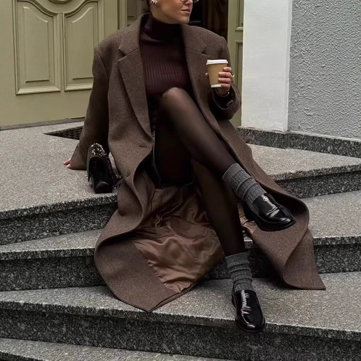 Damen Langer Wollmix-Mantel mit Reverskragen und Pattentaschen Drune