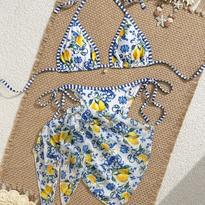 Damen Triangel-Bikini mit floralem Muster und verspieltem Pareo Drune