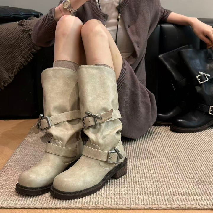 Damen modische Stiefel mit verstellbaren Riemen und komfortablem Blockabsatz Drune