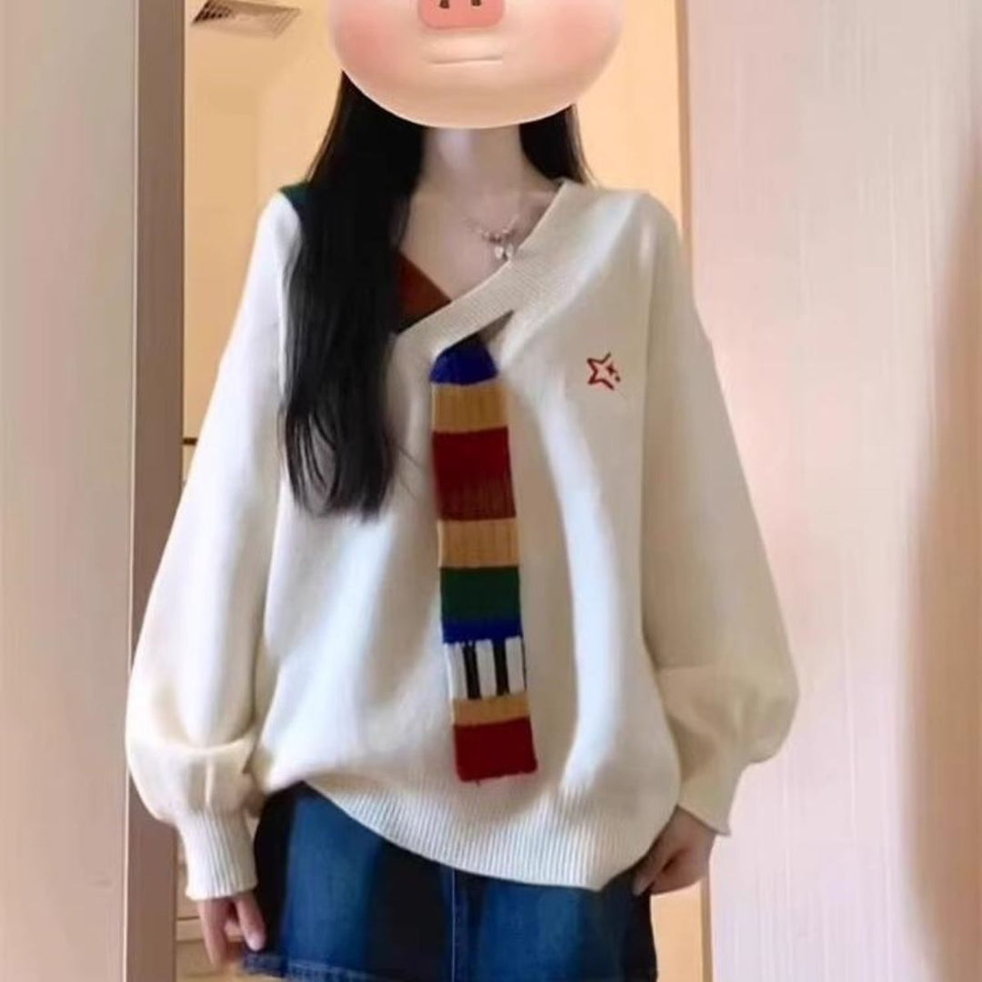Damen Modischer Pullover mit V-Ausschnitt und bunten Streifen Drune