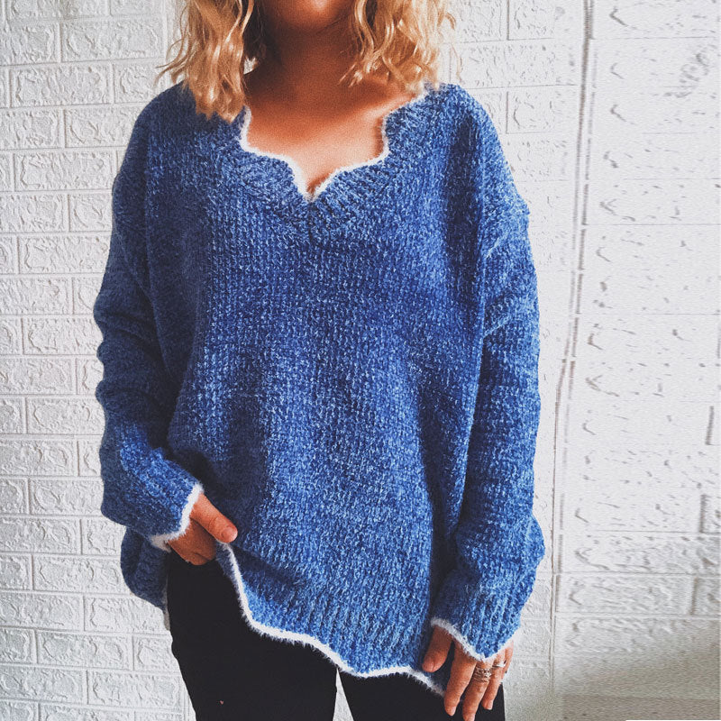Damen lässiger Strickpullover mit V-Ausschnitt und strukturiertem Gewebe Drune
